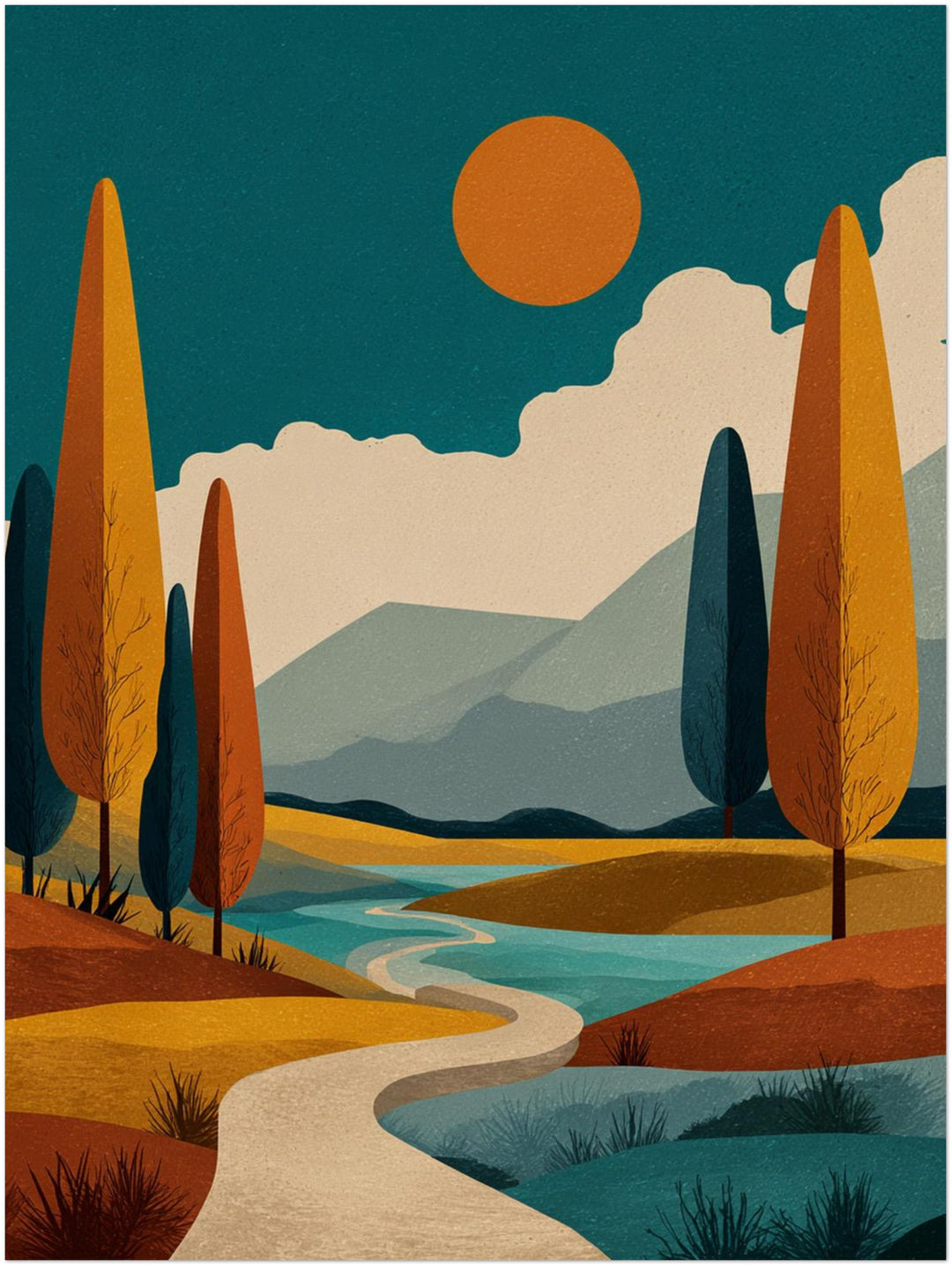 Herbstliche Flusslandschaft Retro – Wandkunst