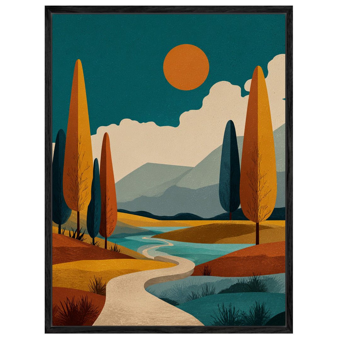 Herbstliche Flusslandschaft Leinwandbild Retro – Leinwand auf Holzrahmen – Ansicht 4