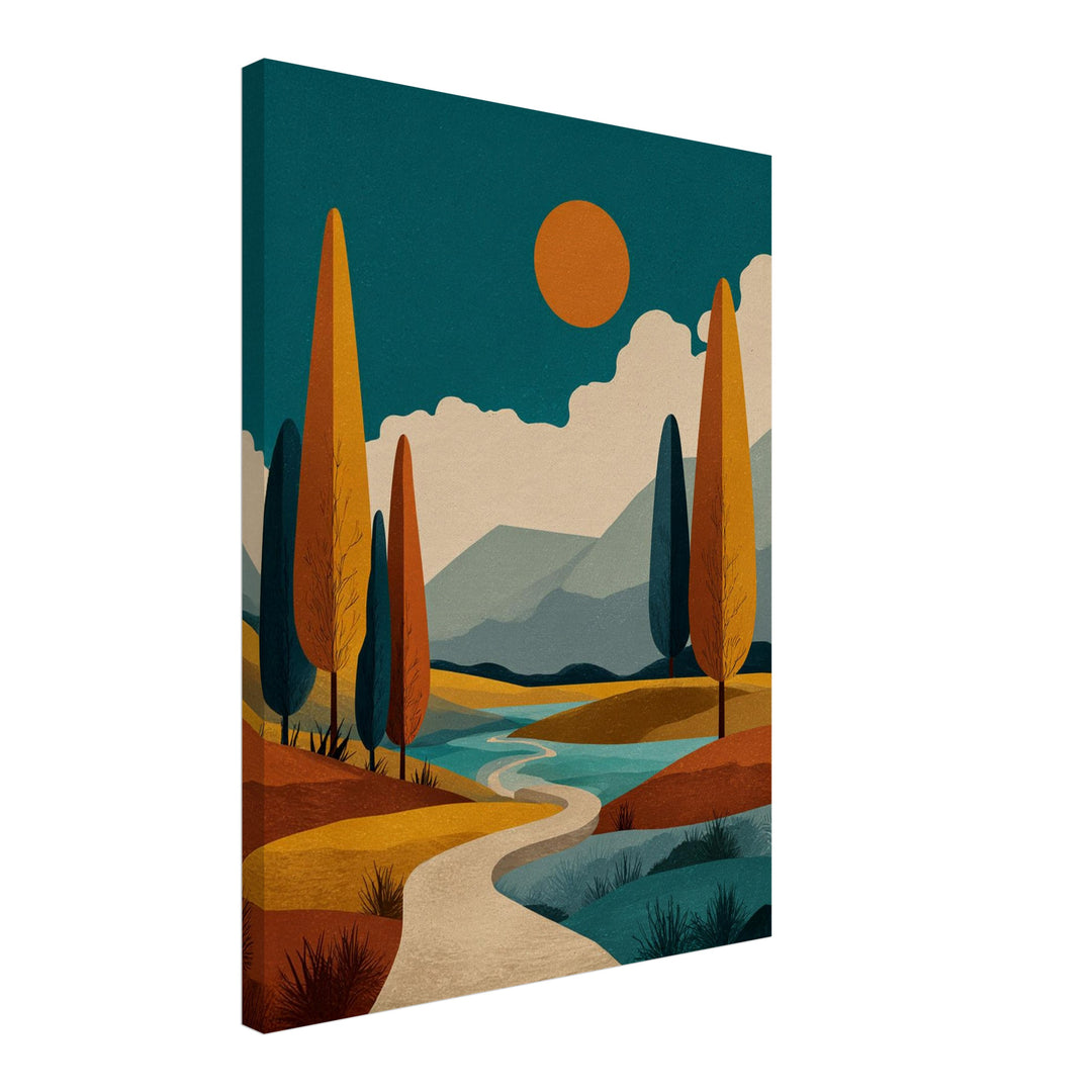 Herbstliche Flusslandschaft Leinwandbild Retro – Leinwand auf Holzrahmen – Ansicht 2