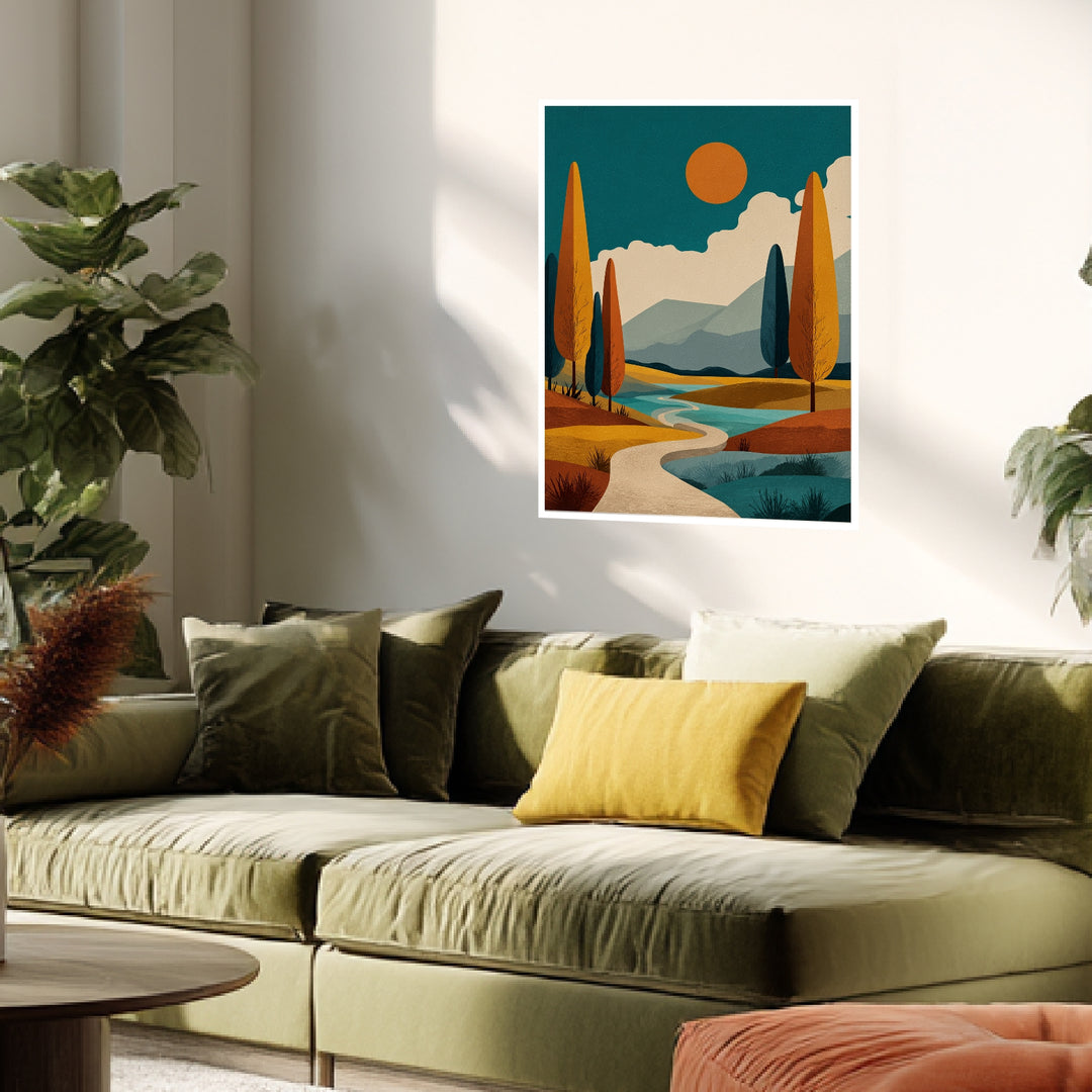 Herbstliche Flusslandschaft Poster Retro – mattes Kunstdruck-Papier – Ansicht 3