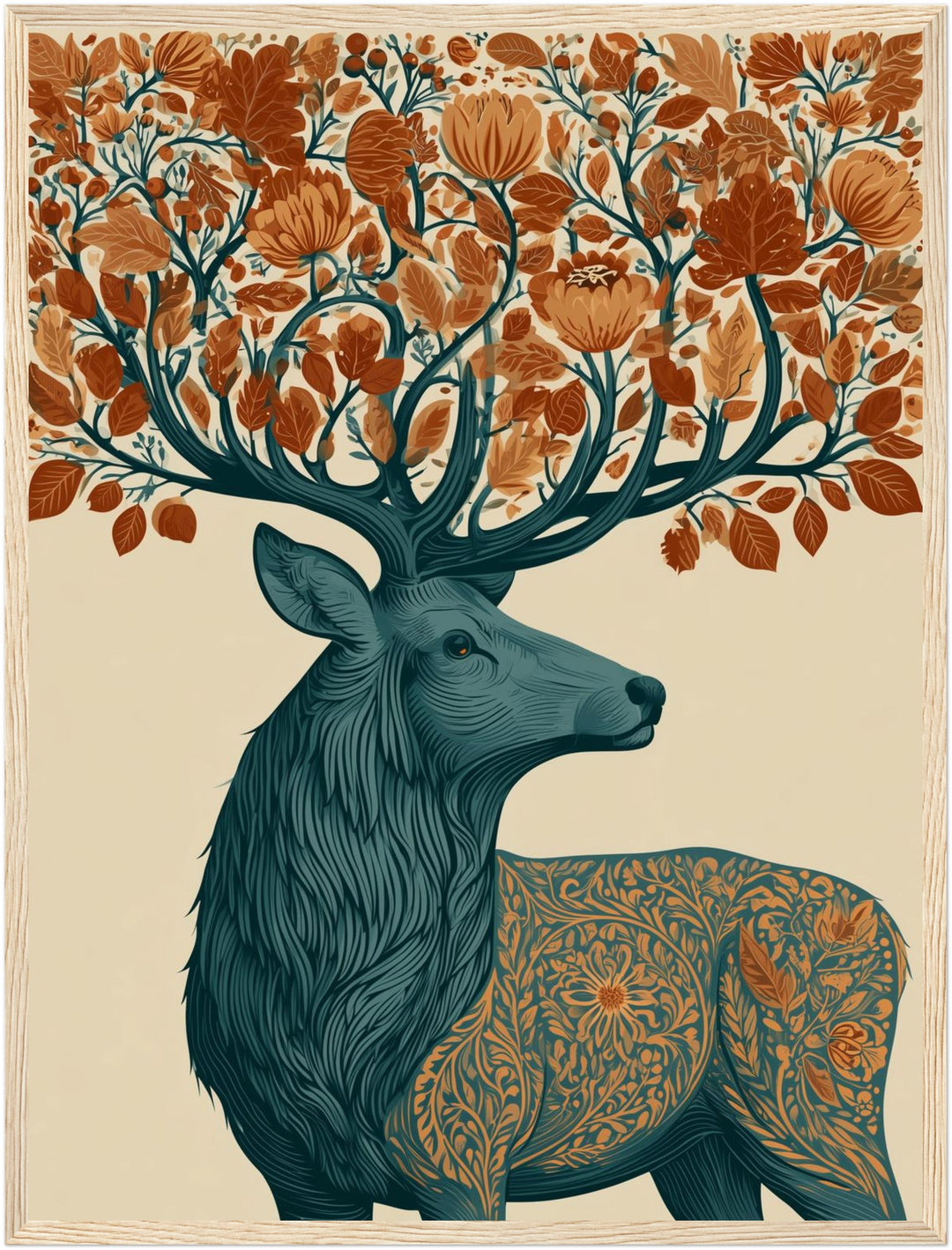 Hirsch mit Herbstgeweih Poster – Holz natur Rahmen – Produktfoto