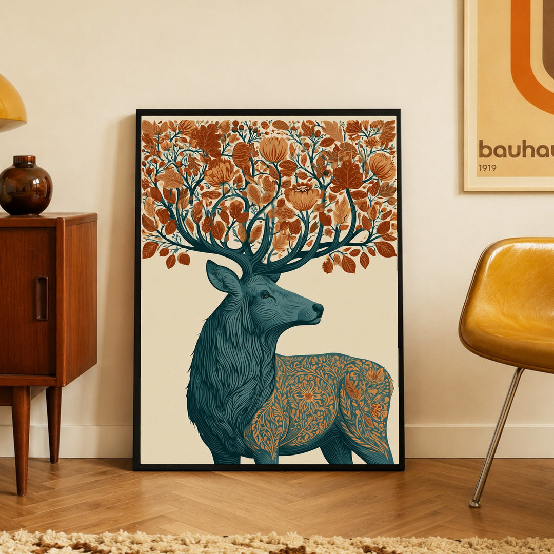 Hirsch mit Herbstgeweih Poster – Schwarzer Rahmen – Produktfoto