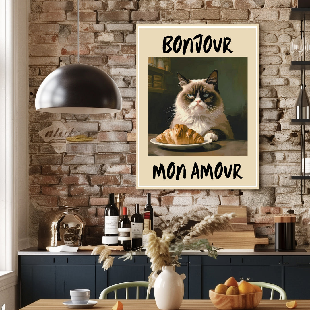 Katze mit Croissant Leinwandbild abstrakt – Leinwand auf Holzrahmen – Ansicht 3