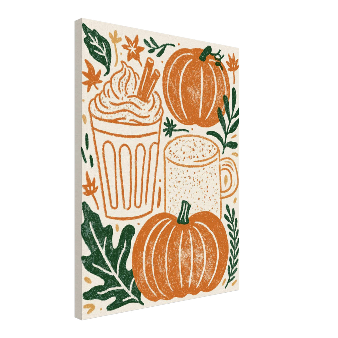 Herbstlicher Kürbis-Latte Leinwandbild – Schräge Ansicht – Produktfoto