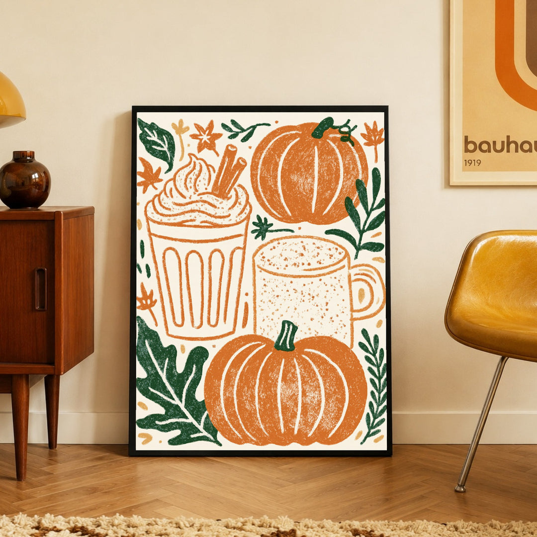 Herbstlicher Kürbis-Latte Poster – Schwarzer Rahmen – Produktfoto