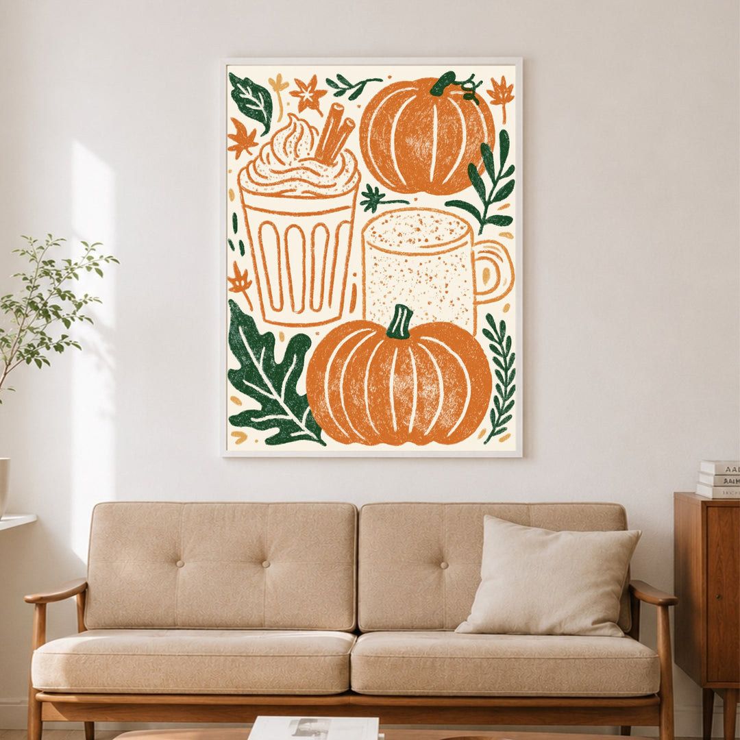 Herbstlicher Kürbis-Latte Poster – Weißer Rahmen – Produktfoto