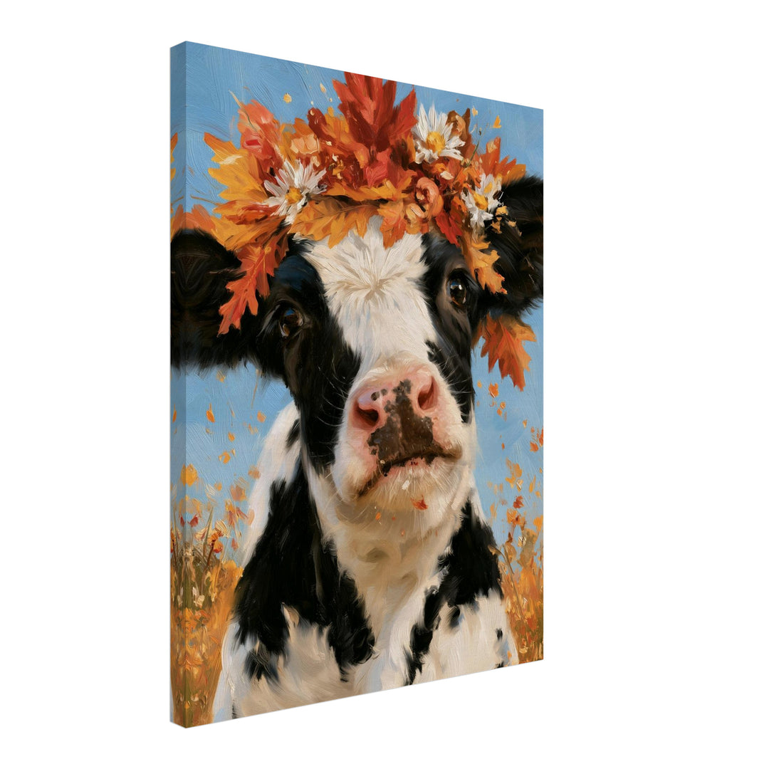 Kuh im Herbstkranz Leinwandbild – Schräge Ansicht – Produktfoto