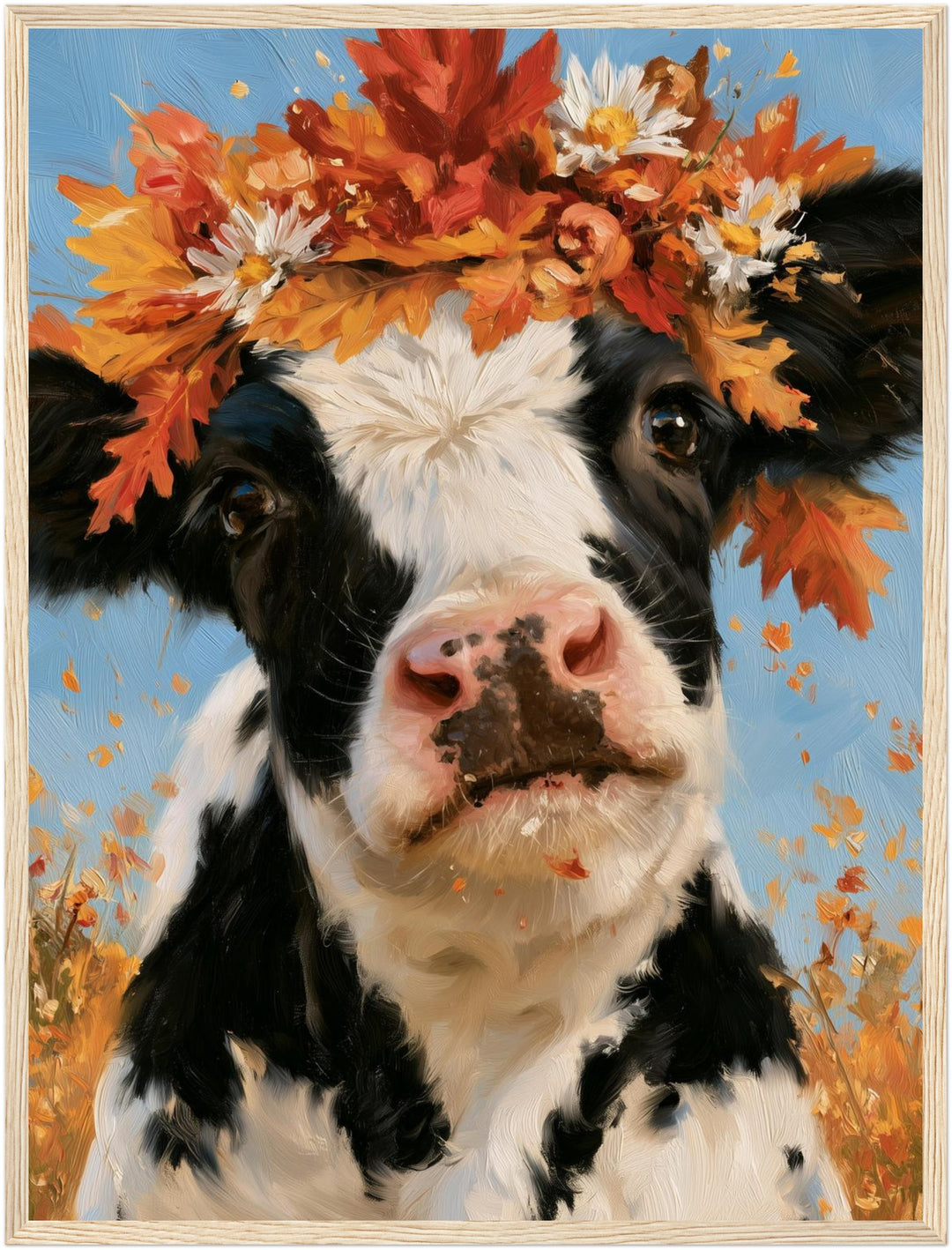 Kuh im Herbstkranz Poster – Holz natur Rahmen – Produktfoto