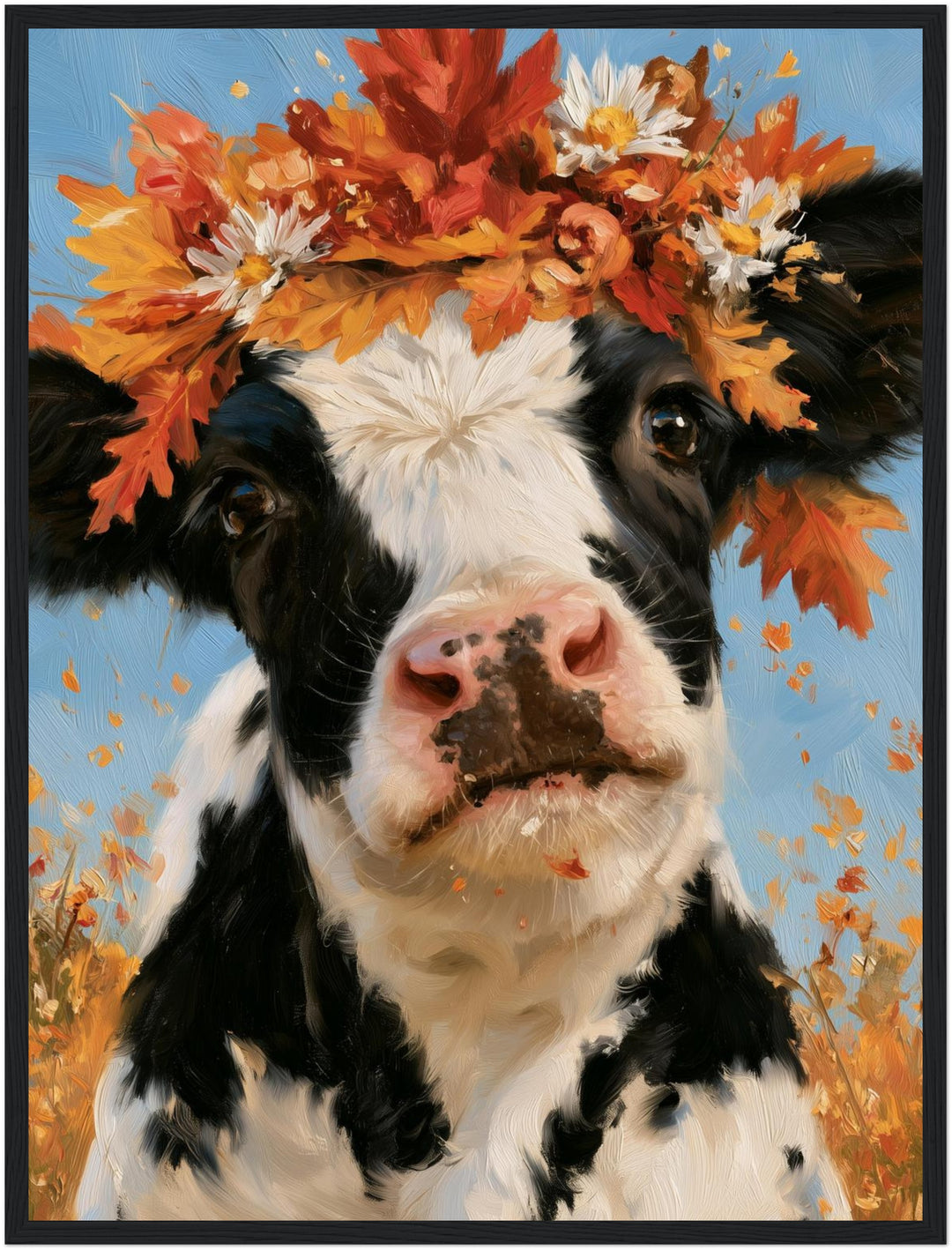 Kuh im Herbstkranz Poster – Schwarzer Rahmen – Produktfoto