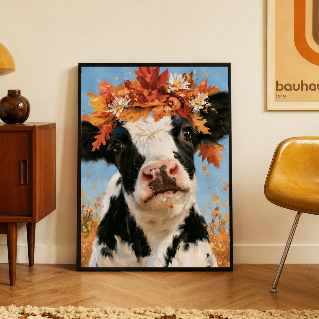 Kuh im Herbstkranz Poster – Schwarzer Rahmen – Produktfoto