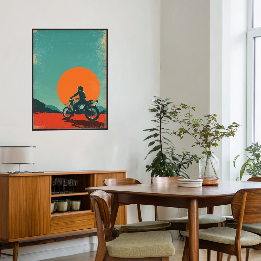 Motorradfahrer vor Sonne Poster Retro – mattes Kunstdruck-Papier – Ansicht 3