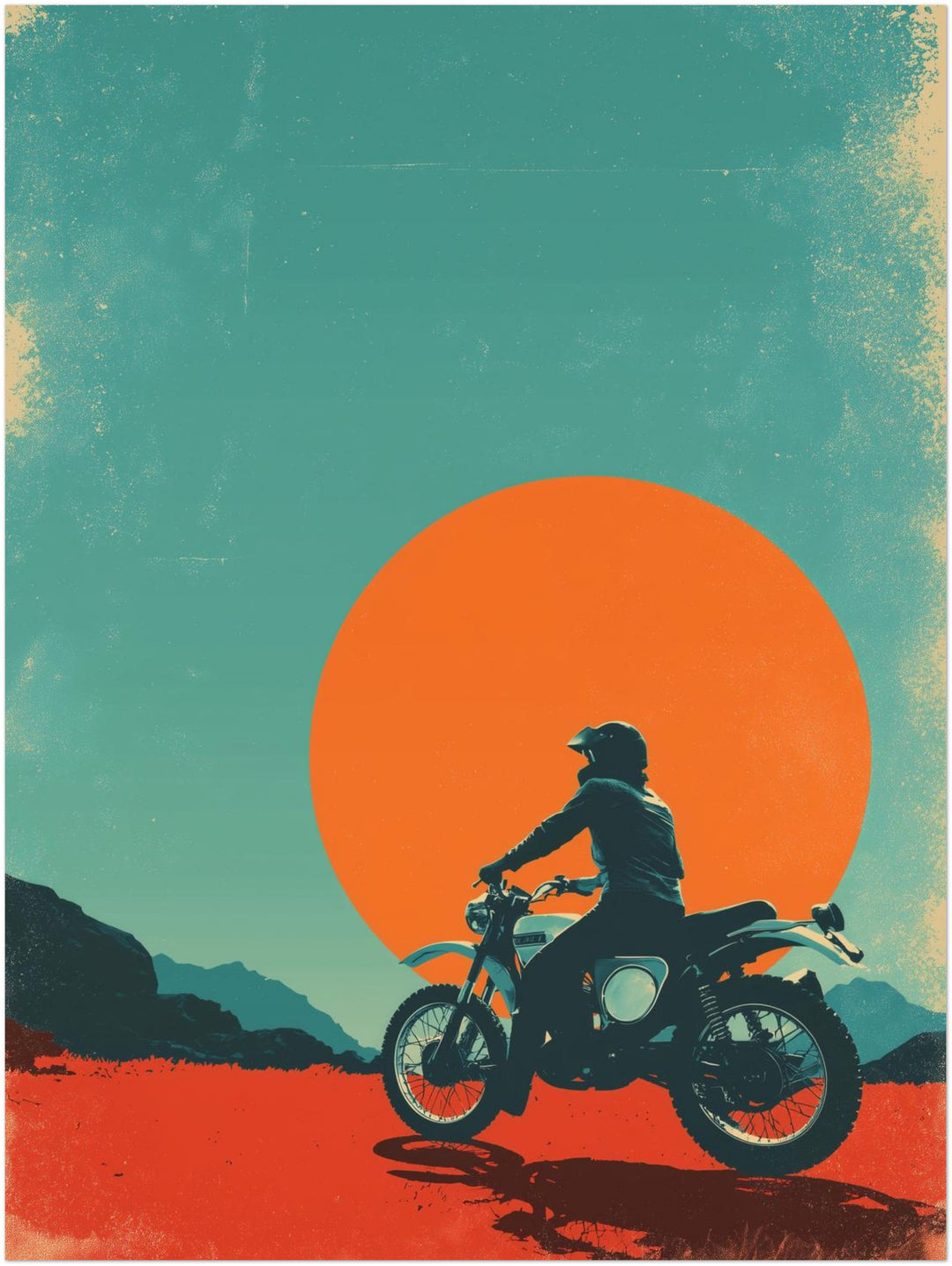 Motorradfahrer vor Sonne Retro – Wandkunst