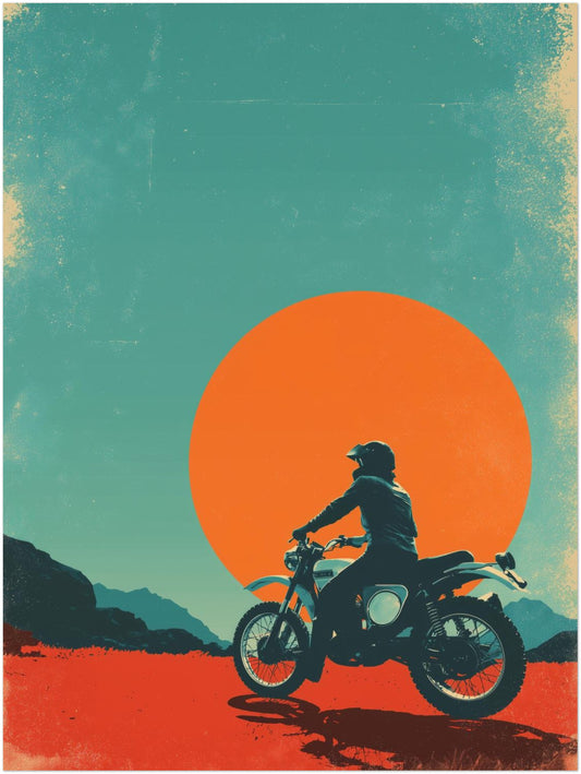 Motorradfahrer vor Sonne Poster