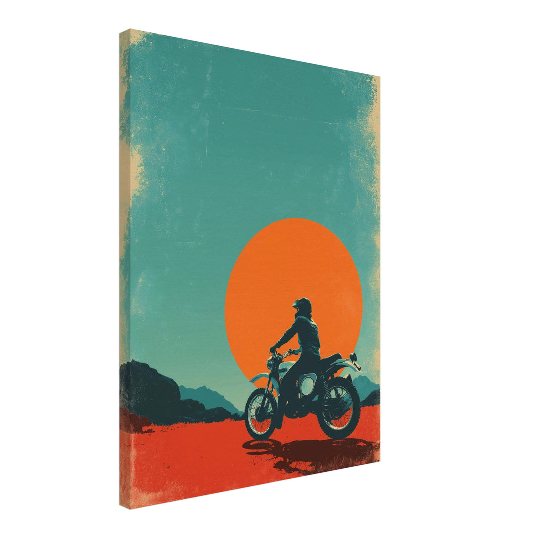 Motorradfahrer vor Sonne Leinwandbild Retro – Leinwand auf Holzrahmen – Ansicht 2