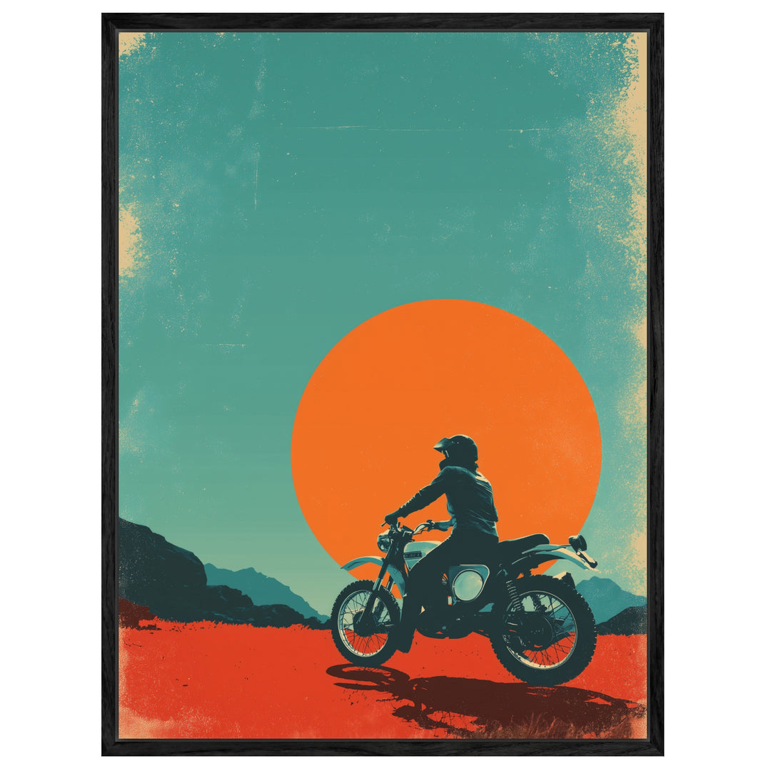 Motorradfahrer vor Sonne Leinwandbild Retro – Leinwand auf Holzrahmen – Ansicht 4