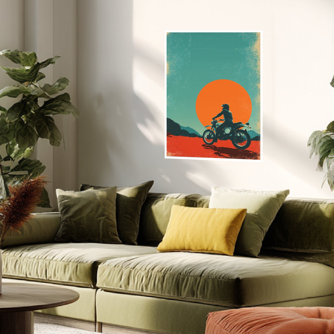 Motorradfahrer vor Sonne Poster Retro – mattes Kunstdruck-Papier – Ansicht 4