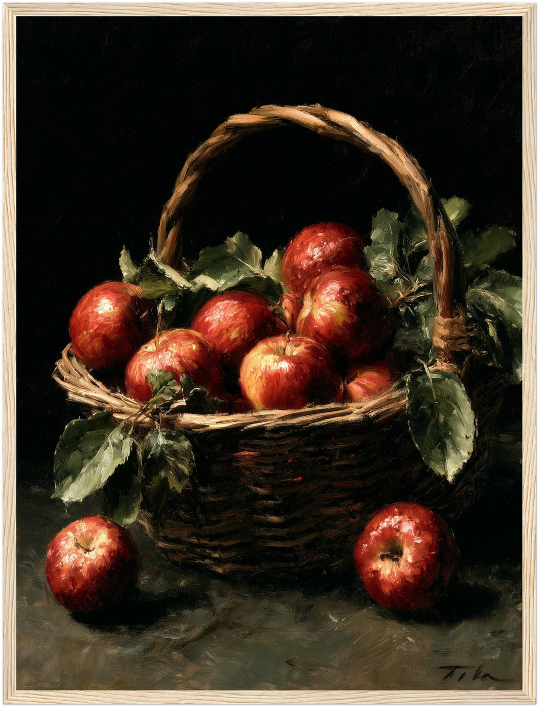 Äpfel im Weidenkorb Poster – Holz natur Rahmen – Produktfoto