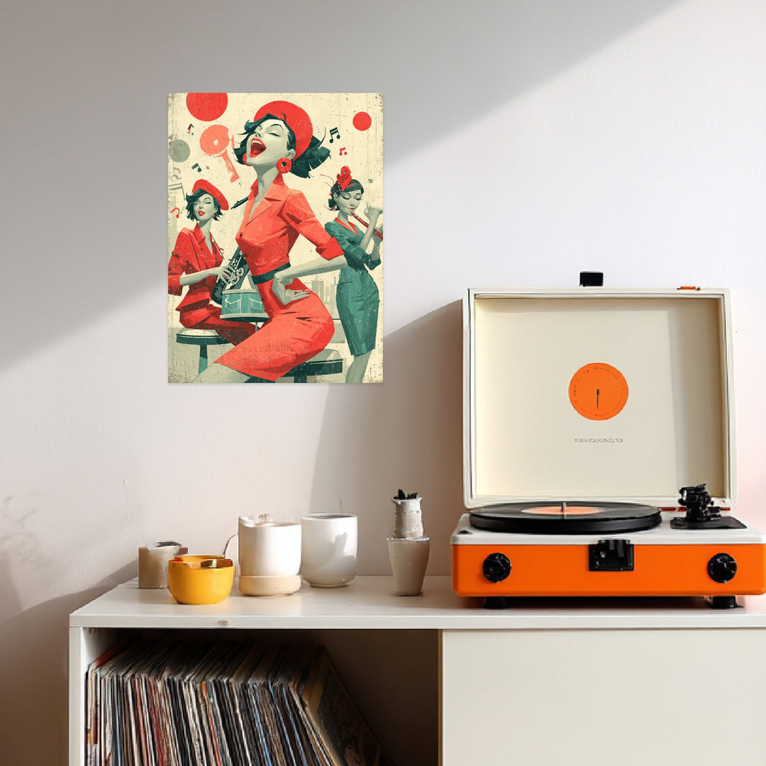 Rote Musikerinnen Leinwandbild Retro – Leinwand auf Holzrahmen – Ansicht 6