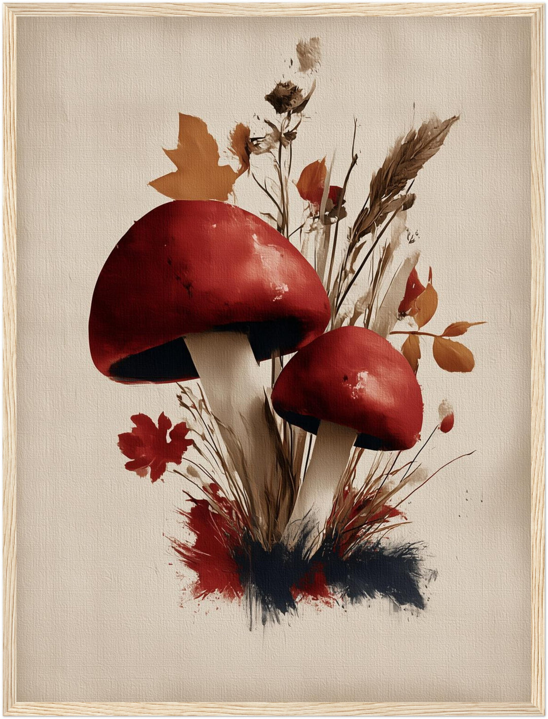 Rote Pilze im Herbst Poster – Holz natur Rahmen – Produktfoto