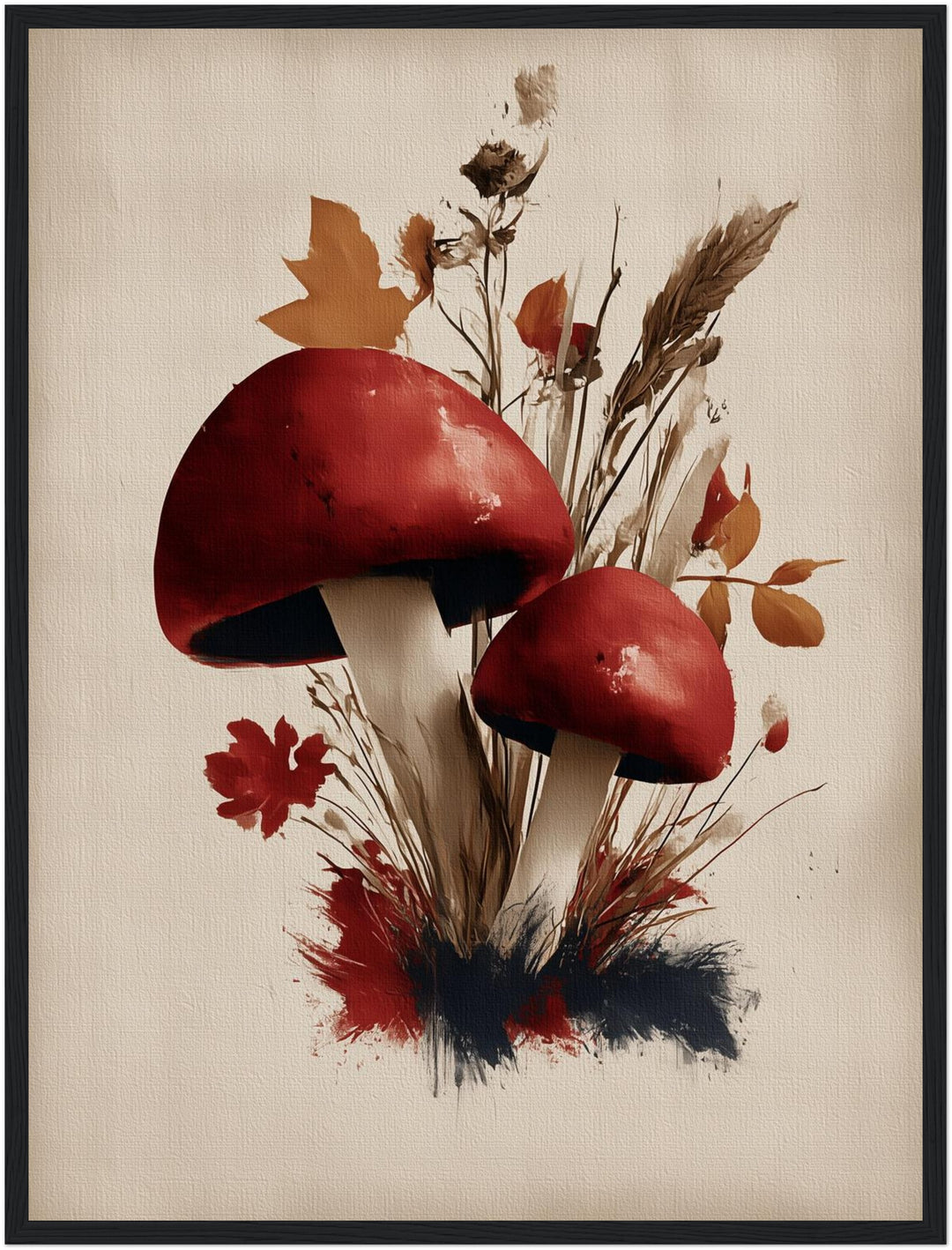 Rote Pilze im Herbst Poster – Schwarzer Rahmen – Produktfoto