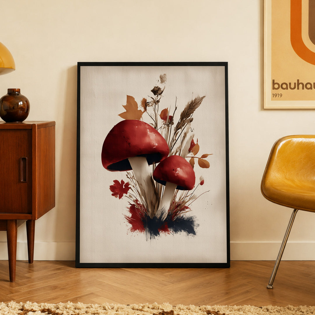 Rote Pilze im Herbst Poster – Schwarzer Rahmen – Produktfoto