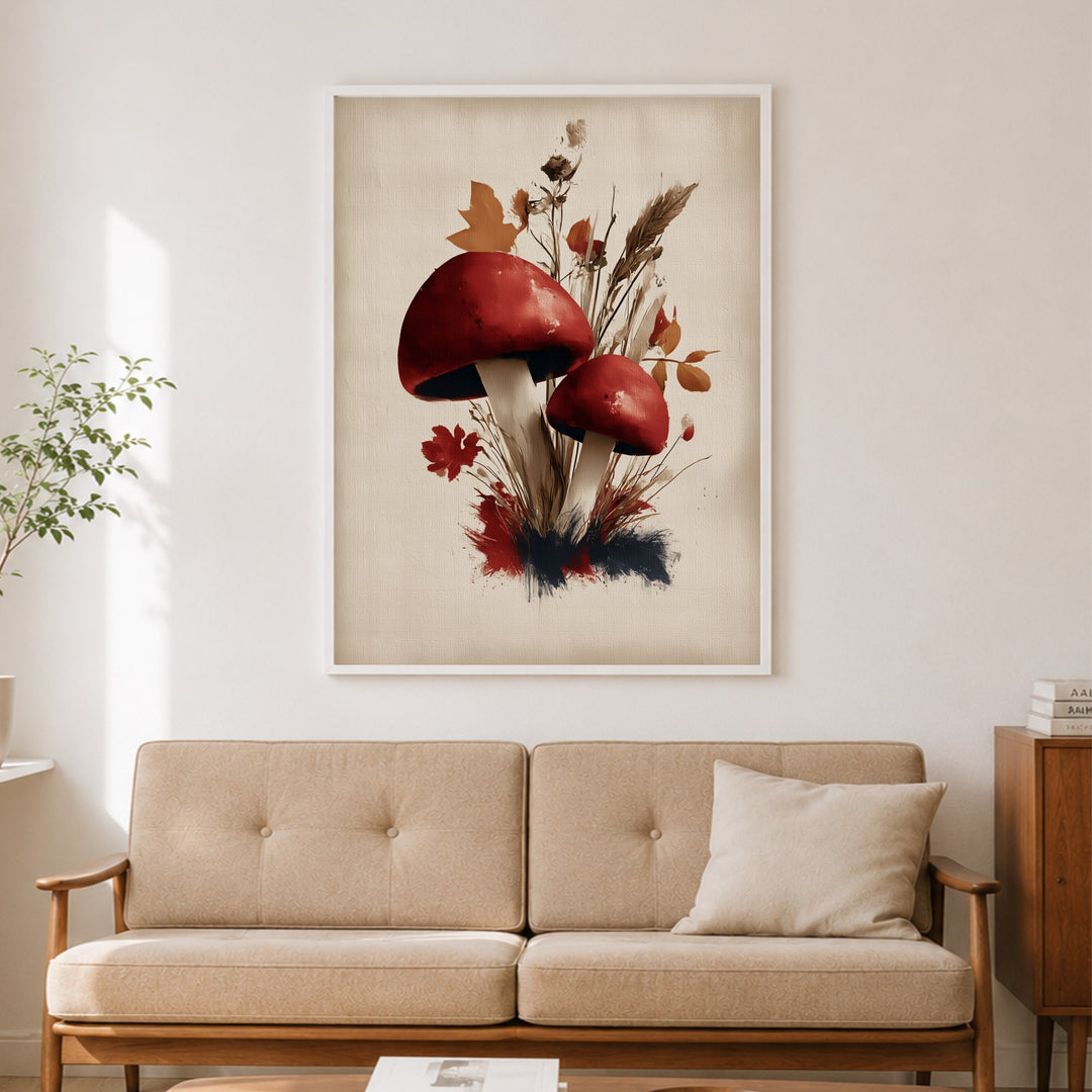 Rote Pilze im Herbst Poster – Weißer Rahmen – Produktfoto