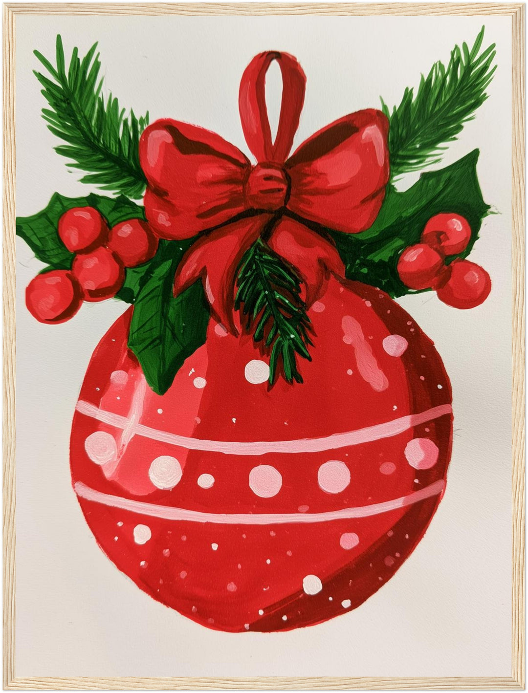 Roter Weihnachtsball Retro Poster – Holz natur Rahmen – Produktfoto