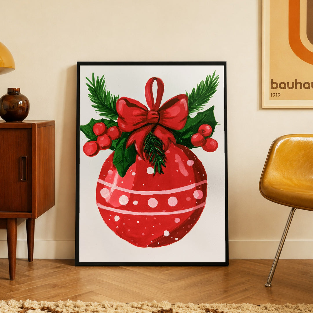 Roter Weihnachtsball Retro Poster – Schwarzer Rahmen – Produktfoto