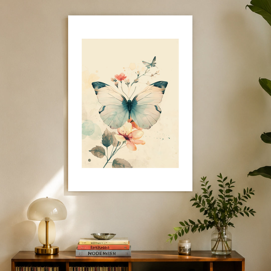 Schmetterling mit Blumen Poster Retro – mattes Kunstdruck-Papier – Ansicht 3
