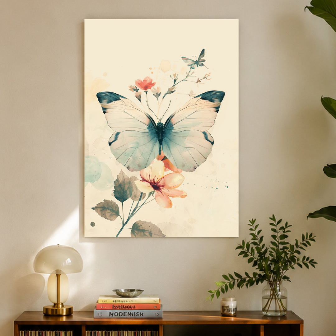 Schmetterling mit Blumen Leinwand Retro – Leinwand auf Holzrahmen – Ansicht 4