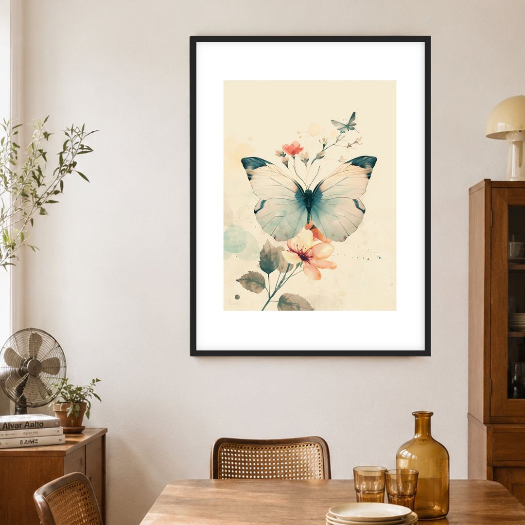 Schmetterling mit Blumen Poster Retro – mattes Kunstdruck-Papier – Ansicht 2
