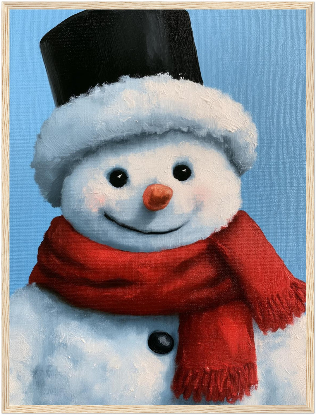 Schneemann Ölgemälde Retro Poster – Holz natur Rahmen – Produktfoto