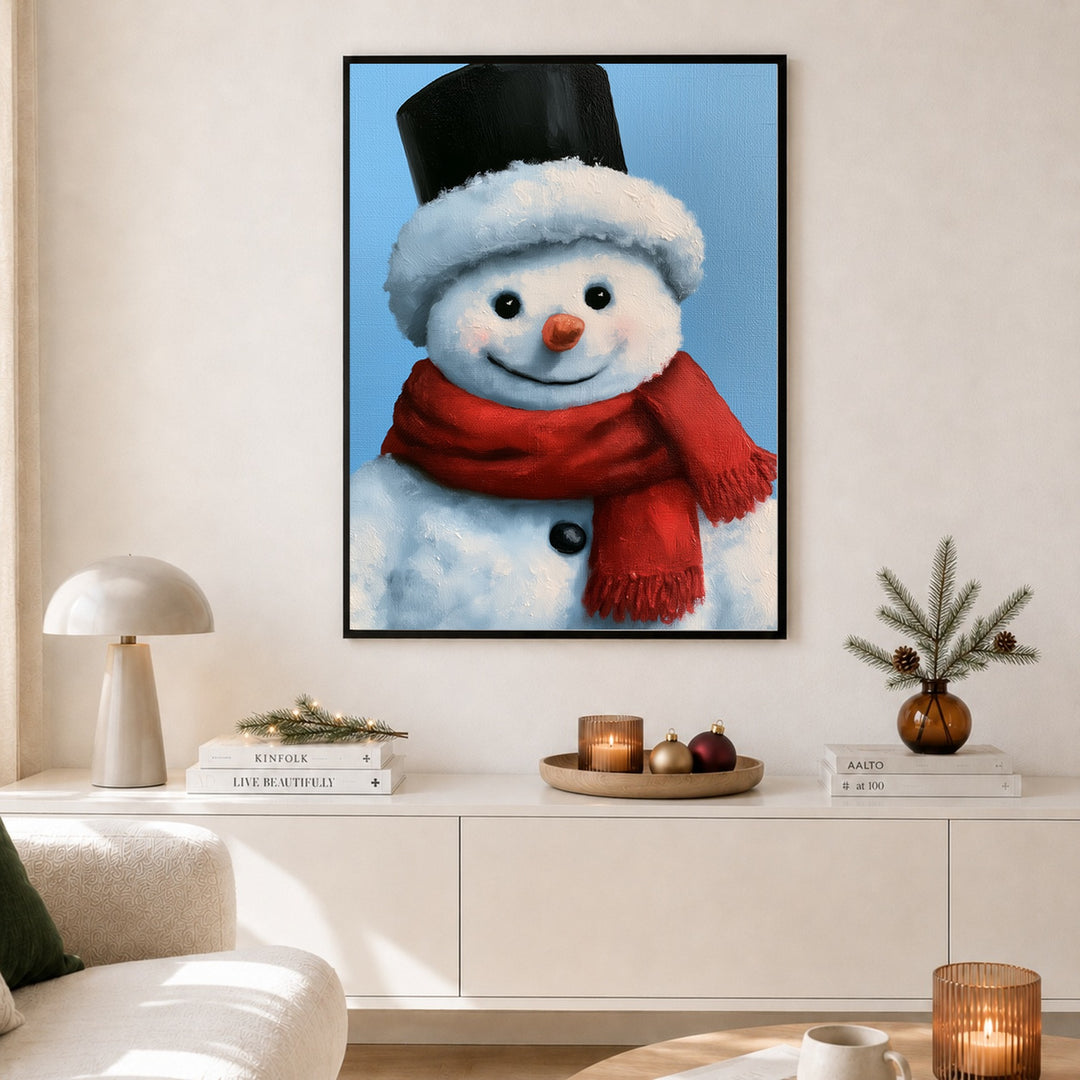 Schneemann Ölgemälde Retro Poster – Schwarzer Rahmen – Produktfoto