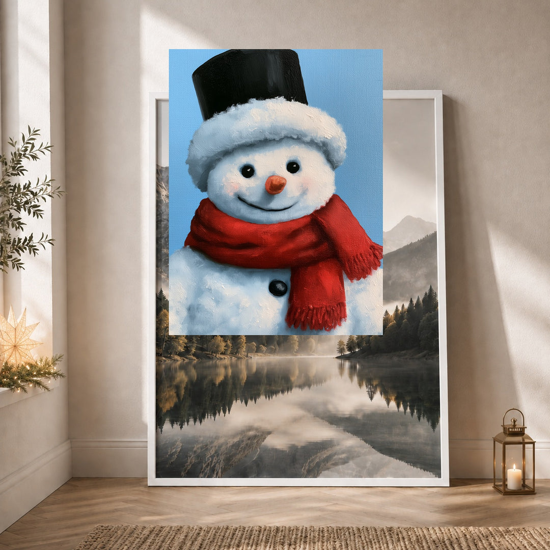 Schneemann Ölgemälde Retro Poster – Weißer Rahmen – Produktfoto