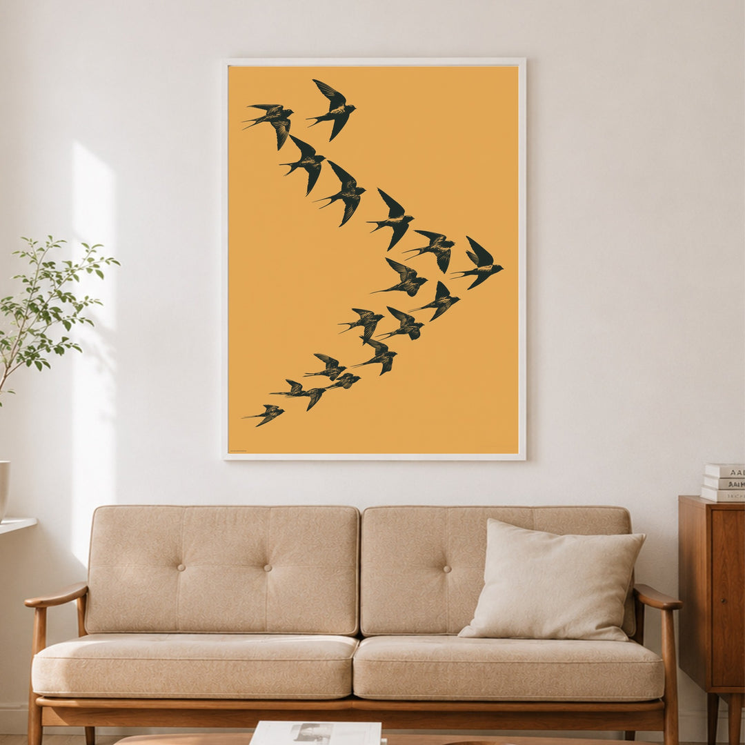 Schwalben im Flug Poster – Weißer Rahmen – Produktfoto
