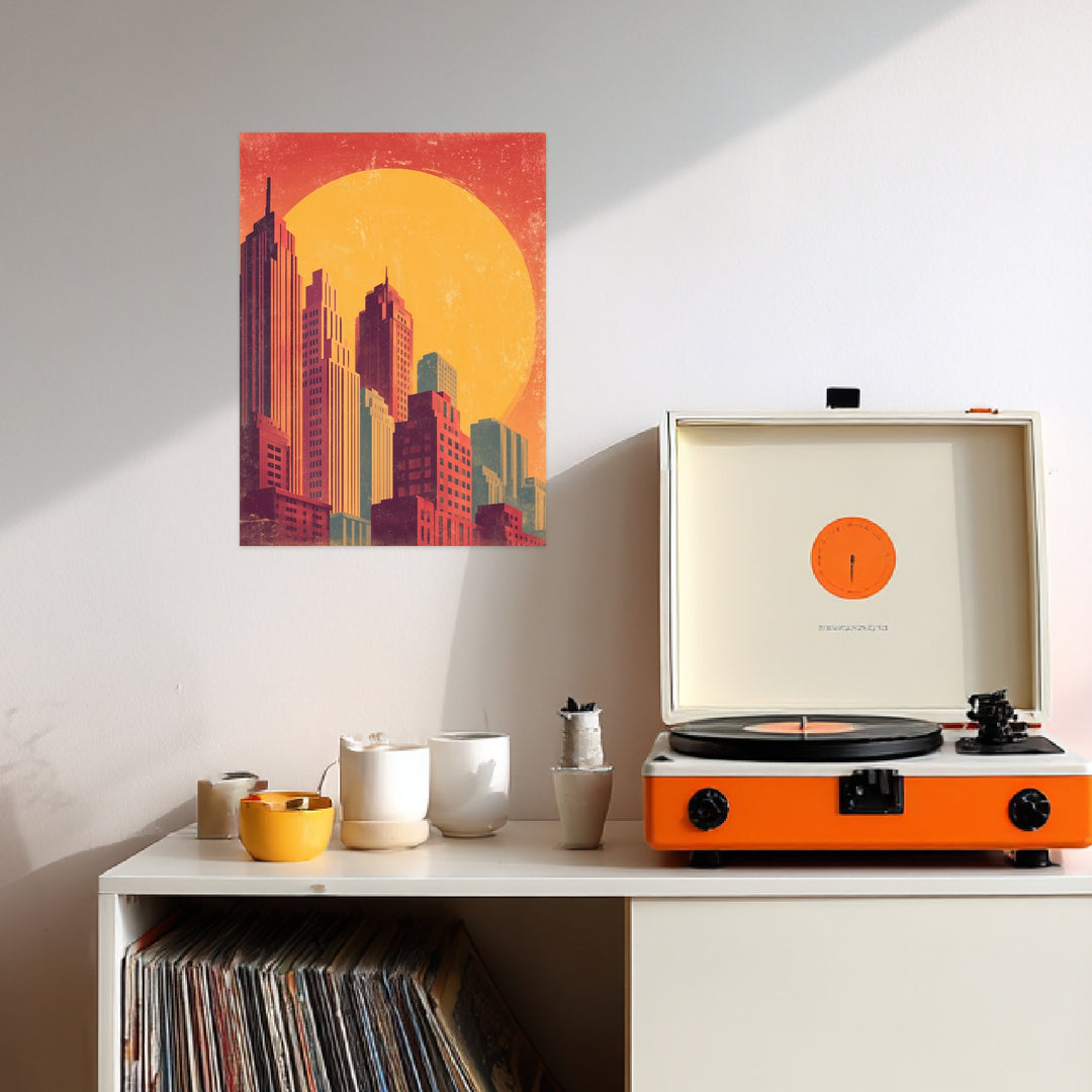 Stadt Skyline Sonne Leinwandbild abstrakt – Leinwand auf Holzrahmen – Ansicht 3