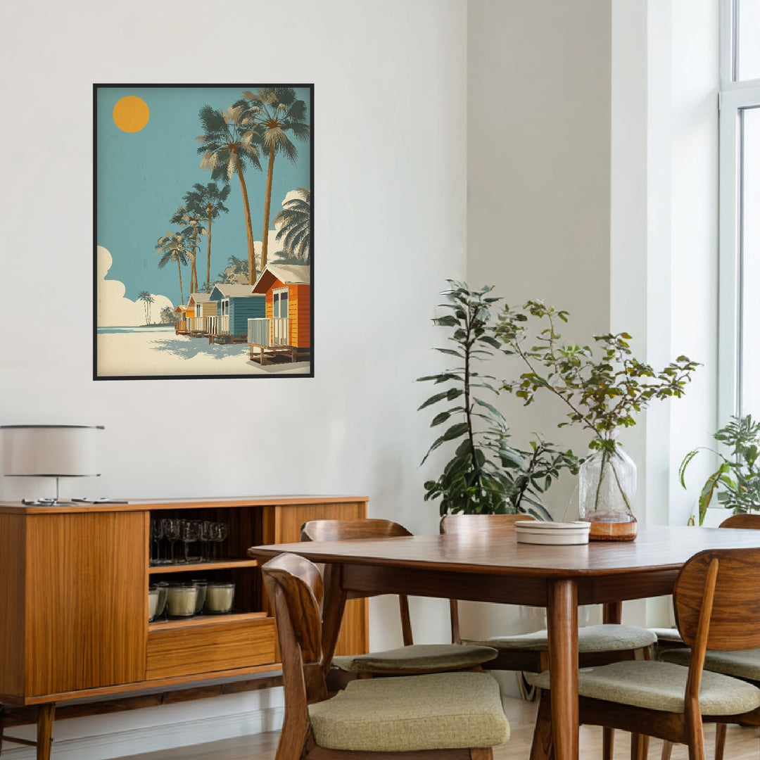 Strandhäuser mit Palmen Poster Retro – mattes Kunstdruck-Papier – Ansicht 3
