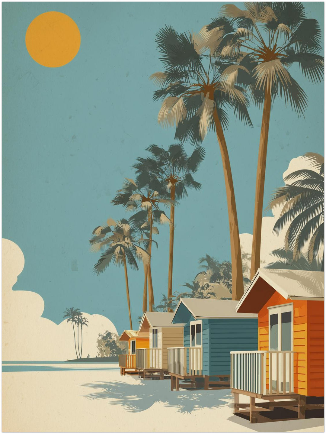 Strandhäuser mit Palmen Retro – Wandkunst
