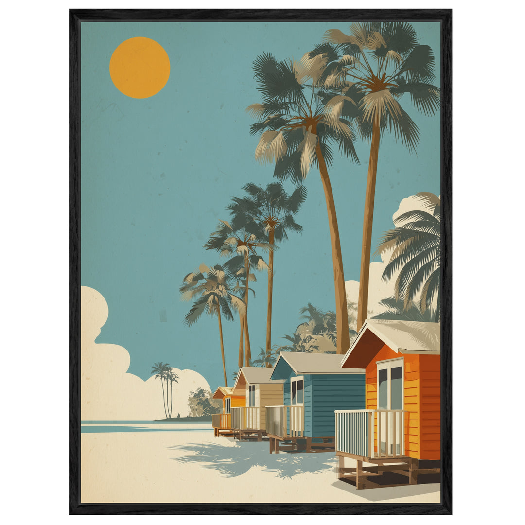 Strandhäuser mit Palmen Leinwandbild Retro – Leinwand auf Holzrahmen – Ansicht 4