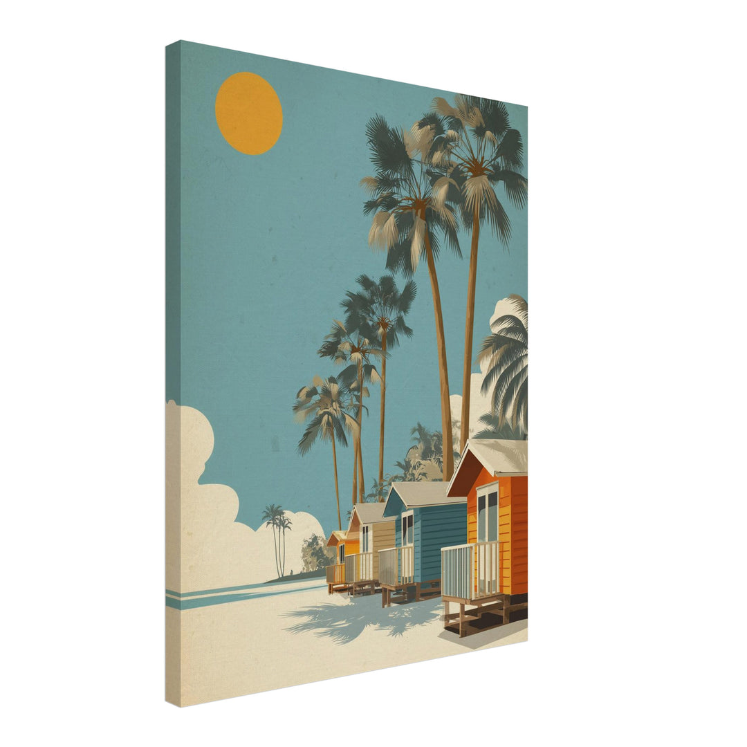 Strandhäuser mit Palmen Leinwandbild Retro – Leinwand auf Holzrahmen – Ansicht 2