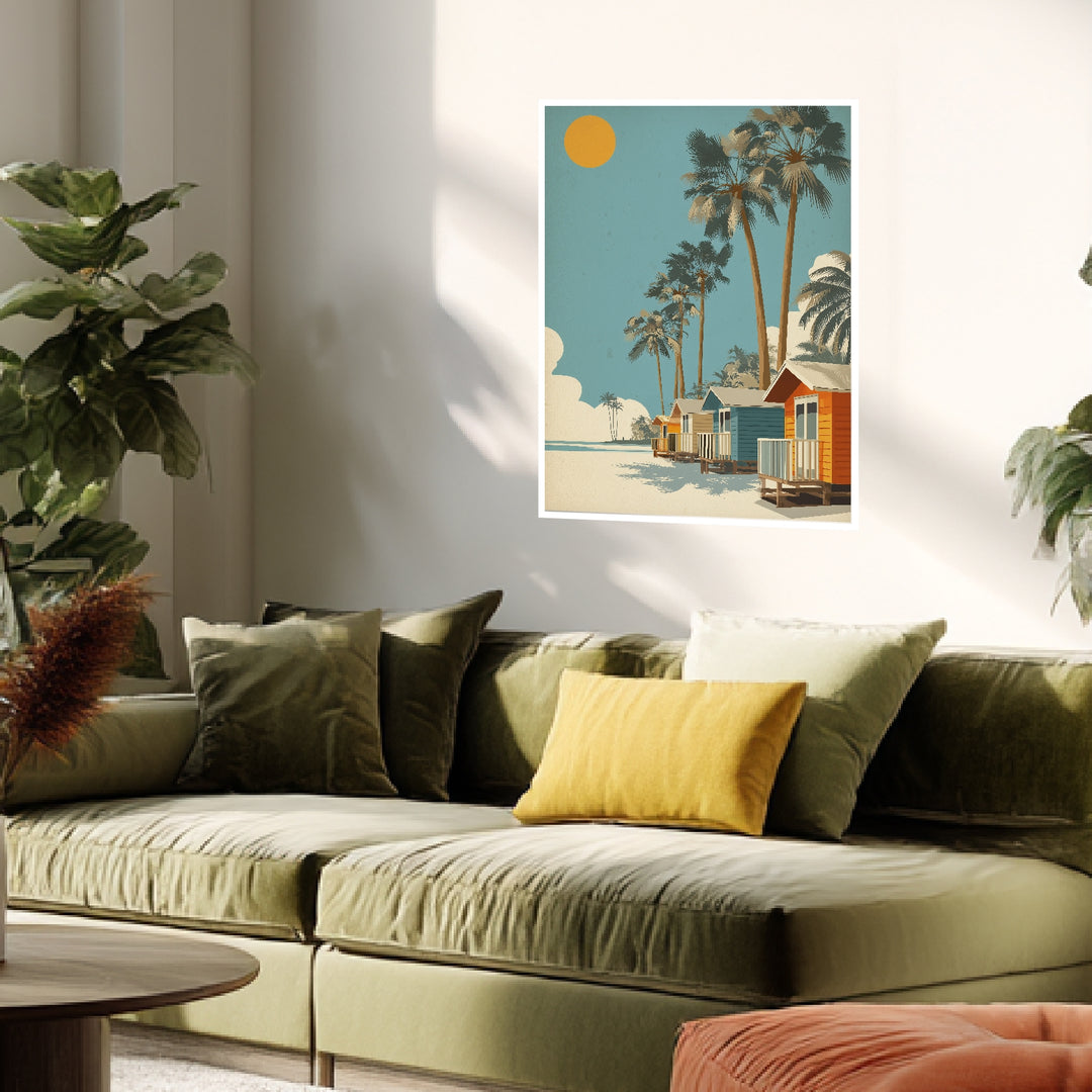 Strandhäuser mit Palmen Poster Retro – mattes Kunstdruck-Papier – Ansicht 4