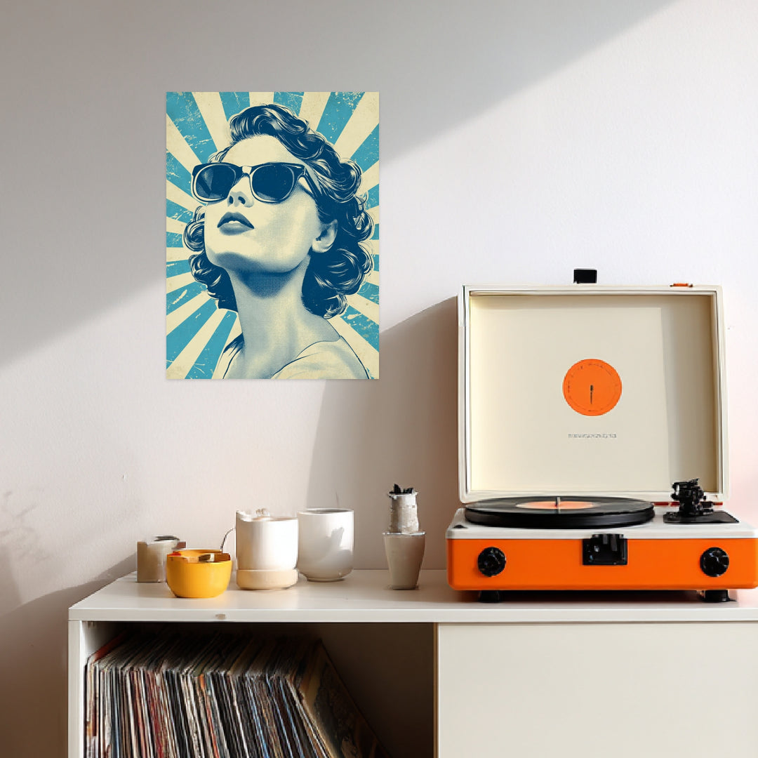 Türkises Sonnenbrillenporträt Leinwandbild Retro – Leinwand auf Holzrahmen – Ansicht 3