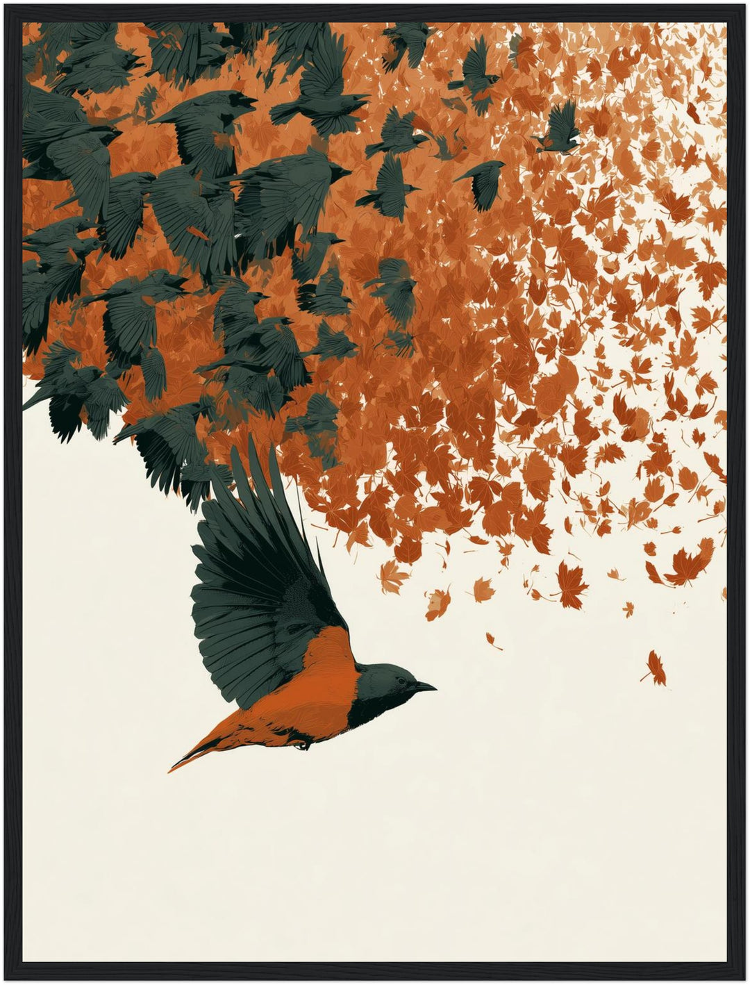 Schwarm aus Herbstlaub Poster – Schwarzer Rahmen – Produktfoto