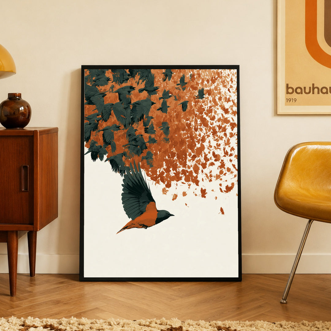 Schwarm aus Herbstlaub Poster – Schwarzer Rahmen – Produktfoto