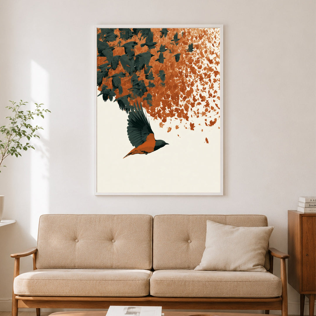 Schwarm aus Herbstlaub Poster – Weißer Rahmen – Produktfoto