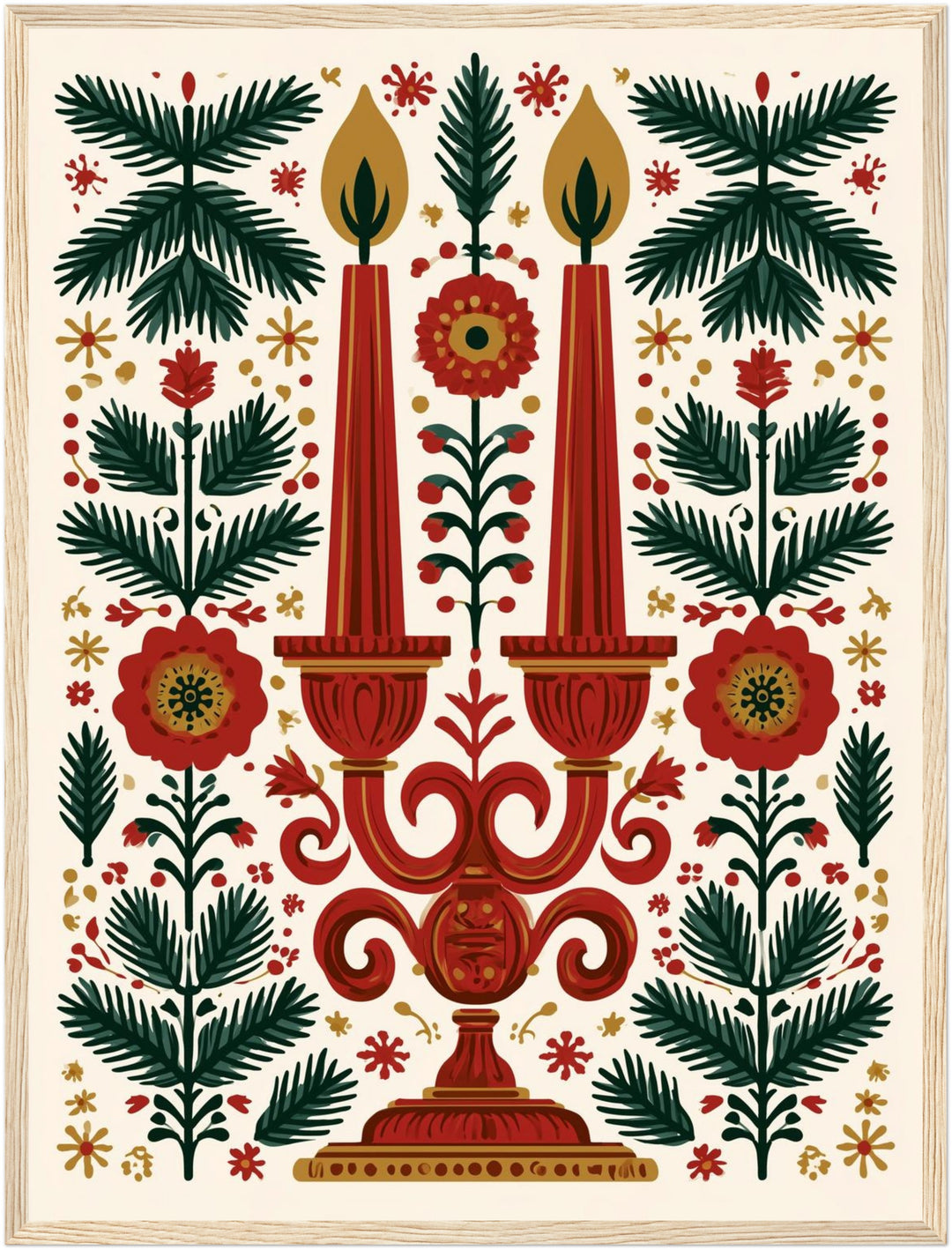 Kerzenleuchter im Weihnachtsgarten Poster – Holz natur Rahmen – Produktfoto