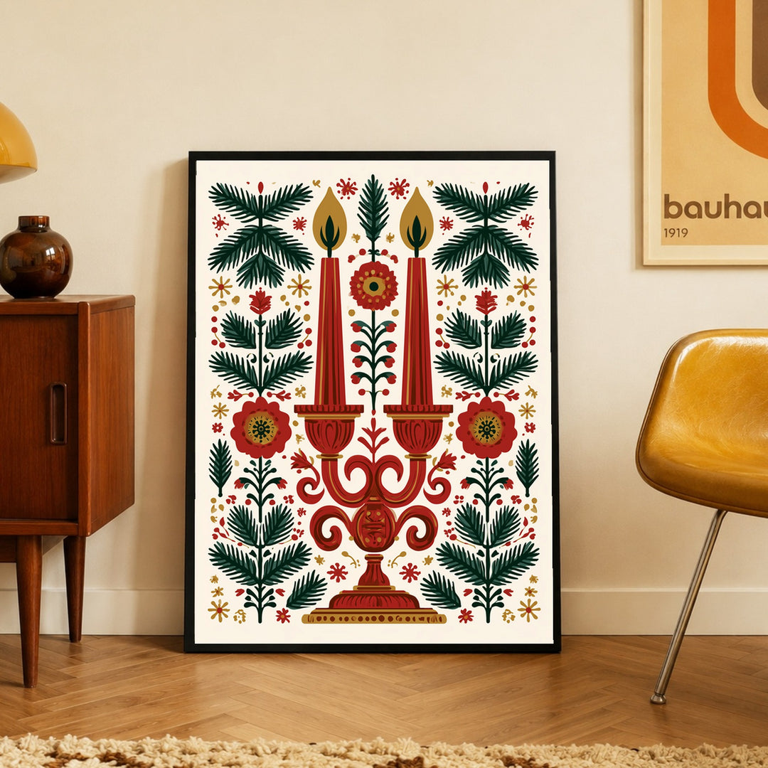 Kerzenleuchter im Weihnachtsgarten Poster – Schwarzer Rahmen – Produktfoto