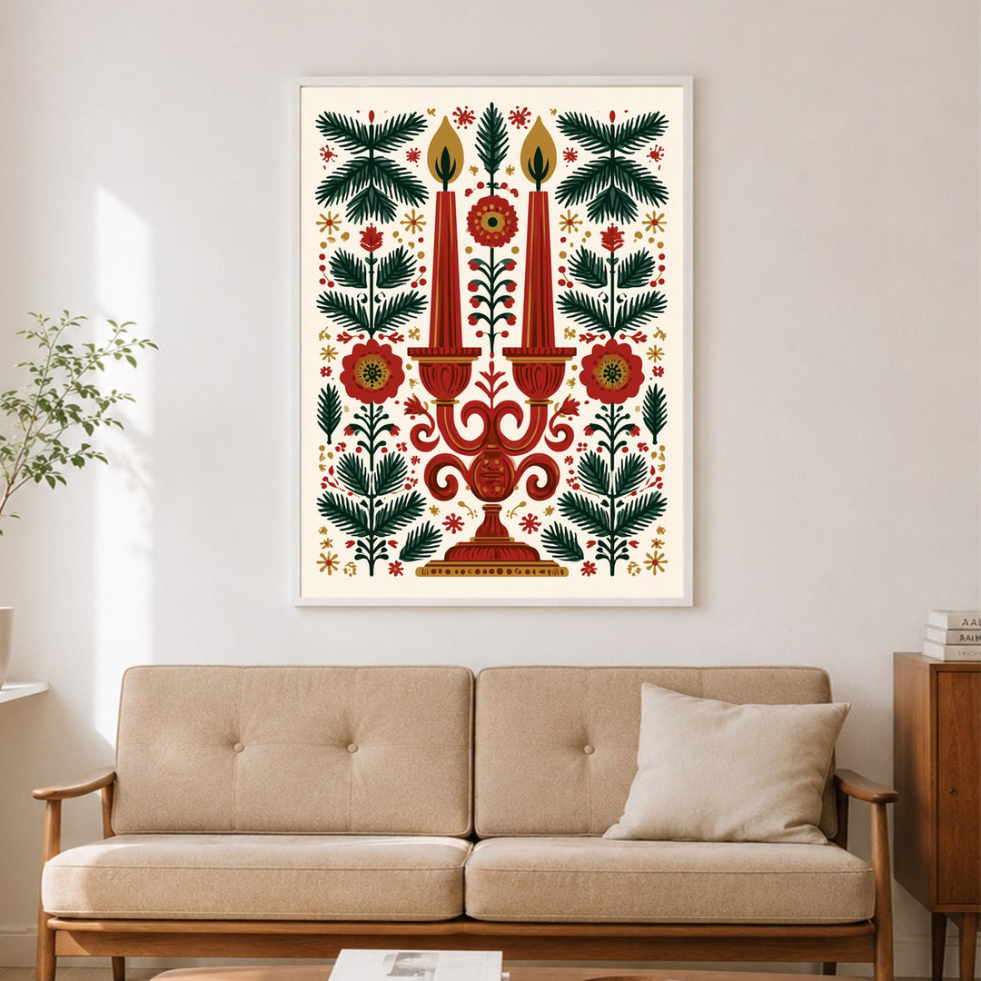 Kerzenleuchter im Weihnachtsgarten Poster – Weißer Rahmen – Produktfoto