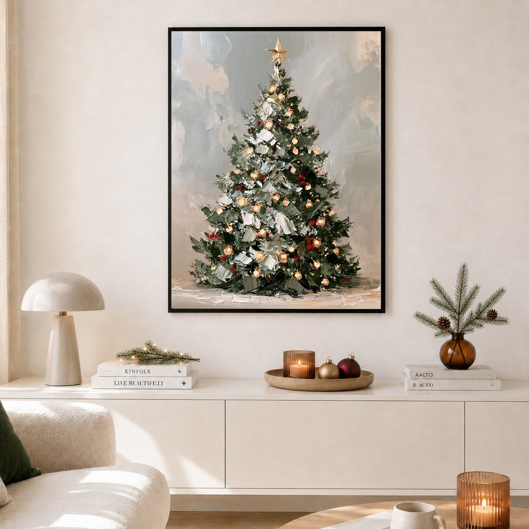 Leuchtender Weihnachtsbaum Retro Poster – Schwarzer Rahmen – Produktfoto
