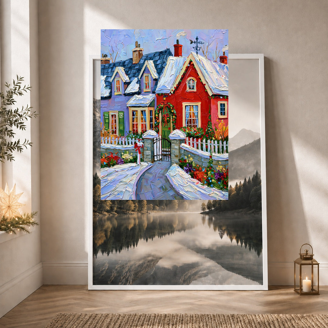 Verschneite Weihnachtshäuser Retro Poster – Weißer Rahmen – Produktfoto